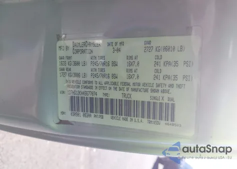 2004 Dodge Dakota из США, поврежденный, VIN 1D7HG12KX4S677074